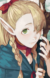 Rule 34 | 1girl, blonde hair, blue capelet, braid, capelet, choker, closed mouth, commentary, dungeon meshi, elf, eyes visible through hair, green eyes, hair over one eye, hair over shoulder, hair ribbon, highres, holding, holding staff, long hair, long pointy ears, looking at viewer, low twin braids, mage staff, marcille donato, pointy ears, ponytail, portrait, red choker, red ribbon, ribbon, sawarakajin, smile, solo, staff, twin braids, wavy mouth
