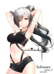 Rule 34 | 1girl, animal ear fluff, animal ears, arknights, armpits, arms behind head, arms up, black hair, black shorts, blouse, breasts, buckle, cat ears, cat girl, character name, closed mouth, color guide, contrapposto, cowboy shot, dated, expressionless, eyes visible through hair, gradient hair, high ponytail, highres, large breasts, leria v, looking at viewer, micro shorts, multicolored hair, schwarz (arknights), shirt, short shorts, shorts, silver hair, sleeveless, sleeveless shirt, slit pupils, solo, sports bra, stomach, swept bangs, thighs, white background, yellow eyes