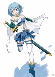 Rule 34 | 1girl, blue eyes, blue hair, boots, breasts, cape, commentary request, detached sleeves, fortissimo, full body, gloves, green sleeves, hair ornament, hairclip, highres, holding, light blush, looking at viewer, magical girl, mahou shoujo madoka magica, mahou shoujo madoka magica (anime), medium breasts, miki sayaka, musical note, musical note hair ornament, nagare (flow), running towards viewer, saber (weapon), sheath, sheathed, short hair, signature, skirt, smile, solo, sword, thighhighs, weapon, white background, white cape, white gloves, white thighhighs, zettai ryouiki