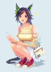 Rule 34 | 1girl, animal ears, bag, bandaid, bandaid on face, bare shoulders, black hair, blue background, blush, breasts, clothing cutout, full body, hair ornament, hairclip, handbag, highres, horse ears, horse girl, horse tail, large breasts, long sleeves, looking at viewer, low twintails, motion lines, notice lines, open mouth, red eyes, shoes, short hair, short twintails, shoulder bag, shoulder cutout, sign, skirt, smile, sneakers, solo, sparkle, squatting, sweater, tail, twintails, umamusume, unajiru, waving, white skirt, winning ticket (umamusume), yellow sweater