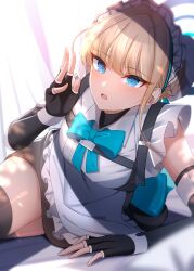 Rule 34 | 1girl, apron, black dress, black gloves, blonde hair, blue archive, blue bow, blue bowtie, blue eyes, blue halo, bow, bowtie, bun cover, commentary request, dress, fingerless gloves, gloves, hair bun, halo, highres, kunimine yuzuki, looking at viewer, lying, maid apron, maid headdress, on side, open mouth, single hair bun, solo, toki (blue archive), whispering, white apron, white background, white headdress