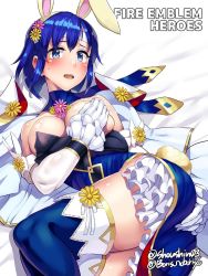 Rule 34 | 1girl, alternate costume, animal ears, bed, bed sheet, blue eyes, blue hair, blue thighhighs, blush, boris (noborhys), breasts, capelet, catria (fire emblem), cleavage, copyright name, covering privates, covering breasts, detached sleeves, elbow gloves, fake animal ears, fire emblem, fire emblem: mystery of the emblem, fire emblem heroes, flower, frills, gloves, hair flower, hair ornament, hand on own ass, headband, large breasts, leotard, looking at viewer, lying, nintendo, open mouth, playboy bunny, rabbit ears, rabbit tail, short hair, skirt, solo, tail, thick thighs, thighhighs, thighs