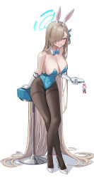 Rule 34 | 1girl, absurdly long hair, absurdres, animal ears, arm up, asuna (blue archive), asuna (bunny) (blue archive), asymmetrical bangs, bare shoulders, black pantyhose, blue archive, blue bow, blue bowtie, blue eyes, blue leotard, blue ribbon, bow, bowtie, breasts, cleavage, collar, detached collar, fake animal ears, full body, gloves, grin, hair over one eye, hair ribbon, halo, high heels, highleg, highleg leotard, highres, large breasts, leotard, letco2766, light brown hair, long hair, looking at viewer, mole, mole on breast, official alternate costume, on stool, one eye covered, pantyhose, playboy bunny, rabbit ears, ribbon, sideboob, simple background, sitting, smile, solo, stool, strapless, strapless leotard, very long hair, white background, white collar, white footwear, white gloves, wing collar