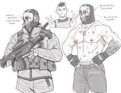 Rule 34 | 2boys, abs, anger vein, artist name, bara, bite mark, bulletproof vest, call of duty, call of duty: modern warfare 2, dilfborne (ventiskull), double v, english text, fingerless gloves, ghost (modern warfare 2), gloves, greyscale, gun, hands on own hips, highres, holding, holding gun, holding weapon, implied yaoi, jacket, large pectorals, male focus, mask, monochrome, multiple boys, muscular, muscular male, navel, nipple piercing, nipples, pants, pectorals, piercing, short hair, skull mask, soap (modern warfare 2), v, weapon
