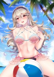 Rule 34 | 1girl, :d, arms behind back, ball, banglinh1997, bare arms, bare shoulders, beach, beachball, beads, blue sky, blush, breasts, breasts apart, cloud, collarbone, corrin (female) (fire emblem), corrin (fire emblem), fire emblem, fire emblem fates, frills, from below, groin, hair between eyes, hairband, halterneck, highres, light brown hair, light particles, long hair, looking at viewer, medium breasts, navel, nintendo, ocean, open mouth, outdoors, palm tree, pointy ears, red eyes, shell, shell bikini, sitting, sky, smile, sunlight, teeth, tree, underboob, upper teeth only, wariza, water