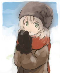 Rule 34 | 1girl, breath, fur hat, green eyes, hat, looking at viewer, mittens, official alternate costume, red scarf, sandwich (artist), sanya v. litvyak, scarf, sketch, solo, strike witches, tsuchii (ramakifrau), ushanka, warming hands, white hair, world witches series