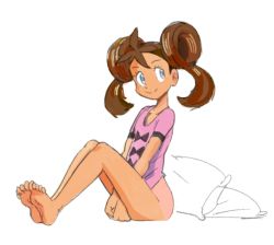 Rule 34 | 1girl, barefoot, bottomless, brown hair, closed mouth, commentary, creatures (company), cushion, double bun, doughnut hair bun, eyelashes, feet, flat chest, from side, full body, game freak, grey eyes, hair bun, knees up, legs together, looking at viewer, looking to the side, nintendo, pink shirt, pokemon, pokemon xy, shauna (pokemon), shirt, short sleeves, simple background, sitting, smile, soles, solo, sooperman, split mouth, t-shirt, toes, white background