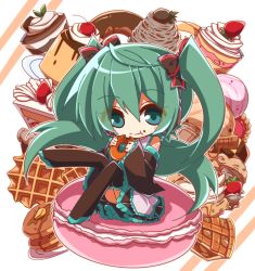 Rule 34 | 1girl, :t, aosaki yato, black bow, black footwear, black skirt, boots, bow, cake, checkerboard cookie, cherry, chibi, cookie, detached sleeves, doughnut, eating, food, food on face, fruit, full body, green eyes, green hair, hair bow, hatsune miku, highres, holding, holding food, ice cream, long hair, macaron, mont blanc (food), pancake, parfait, pie, pudding, sitting, skirt, solo, strawberry, strawberry shortcake, thigh boots, thighhighs, twintails, vocaloid, waffle, whipped cream