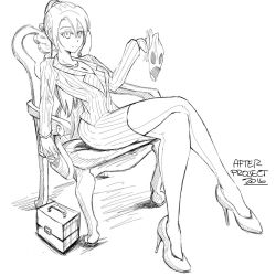 Rule 34 | 1girl, akame ga kill!, artist name, candy, chair, chelsea (akame ga kill!), crossed legs, food, formal, high heels, holding, lollipop, mask, unworn mask, monochrome, pantyhose, pinstripe pattern, ponytail, smile, solo, spy (tf2), striped, suit, team fortress 2