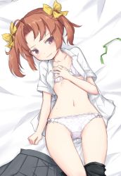 Rule 34 | 1girl, bed sheet, black shorts, bow, bow bra, bow panties, bra, breasts, brown eyes, brown hair, closed mouth, clothes pull, collarbone, crotch seam, dress shirt, embarrassed, from above, frown, green ribbon, hair bow, head tilt, kagerou (kancolle), kakizaki (chou neji), kantai collection, lace, lace-trimmed bra, lace-trimmed panties, lace trim, looking at viewer, lying, navel, no pants, on back, on bed, open clothes, open shirt, panties, ribbon, shirt, short hair, shorts, shorts pull, skirt, unworn skirt, small breasts, solo, twintails, underwear, white bra, white panties, white shirt, yellow bow