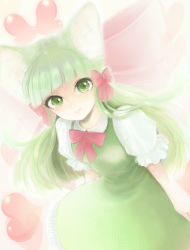 Rule 34 | 1girl, :&gt;, animal ears, blunt bangs, bow, bowtie, cup, dress, green dress, green eyes, green hair, hair bow, heart, long hair, matching hair/eyes, oitan, pale color, pucci, puffy short sleeves, puffy sleeves, short sleeves, solo, teacup, towelket wo mou ichido