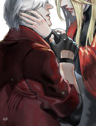Rule 34 | 1boy, 1girl, blonde hair, coat, dante (devil may cry), devil may cry (series), devil may cry 4, eva (devil may cry), fingerless gloves, gloves, hand on another&#039;s face, highres, linkget5501, long hair, medium hair, red coat, signature, simple background, white background, white hair