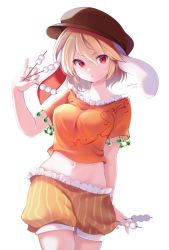 Rule 34 | :o, animal ears, blonde hair, brown hat, cabbie hat, chikuwa savy, cowboy shot, dango, flat cap, floppy ears, food, frilled shirt collar, frilled shorts, frills, hat, highres, holding, holding food, looking at viewer, midriff, moon rabbit, navel, open mouth, orange shirt, rabbit ears, red eyes, ringo (touhou), shirt, short hair, shorts, simple background, striped clothes, striped shorts, touhou, wagashi, white background, yellow shorts