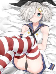 Rule 34 | 1girl, alternate costume, alternate eye color, aqua eyes, bad id, bad pixiv id, bare shoulders, black panties, blue skirt, blush, breasts, buttons, collarbone, cosplay, crop top, elbow gloves, gloves, hair ornament, hair over one eye, hairband, hairclip, hamakaze (kancolle), highres, kantai collection, large breasts, legs up, looking at viewer, lying, miniskirt, on back, panties, pleated skirt, sailor collar, school uniform, serafuku, shimakaze (kancolle), shimakaze (kancolle) (cosplay), short hair, silver hair, skirt, solo, striped clothes, striped thighhighs, suzuharu toufu, thighhighs, underwear, unworn gloves, white gloves