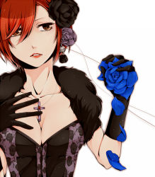 Rule 34 | 1girl, bad id, bad pixiv id, blue flower, blue rose, breasts, cleavage, corset, cross, cross necklace, earrings, feather boa, flower, gloves, hair flower, hair ornament, hiro satochi, jewelry, large breasts, lips, lipstick, makeup, meiko (vocaloid), necklace, petals, red eyes, red hair, rose, short hair, solo, vocaloid