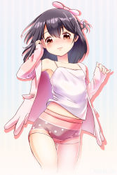 Rule 34 | 1girl, bare shoulders, black hair, blush, bow, brown eyes, camisole, carbon12th, closed mouth, collarbone, commentary, cowboy shot, hair between eyes, hair bow, hibiki ao, hibiki ao (character), hood, hoodie, long hair, long sleeves, mole, mole under mouth, off shoulder, one side up, open clothes, open hoodie, pinching sleeves, pink bow, pink hoodie, pink shorts, short shorts, shorts, sleeves past wrists, smile, solo, striped, striped background, vertical stripes, virtual youtuber, white camisole