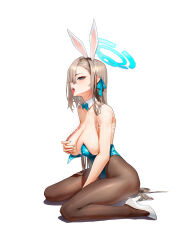 Rule 34 | 1girl, animal ears, asuna (blue archive), asuna (bunny) (blue archive), blue archive, blue eyes, blue leotard, breasts, brown pantyhose, detached collar, fake animal ears, full body, grabbing own breast, hair over one eye, hair ribbon, halo, high heels, highres, large breasts, leotard, long hair, official alternate costume, open mouth, pantyhose, playboy bunny, rabbit ears, ribbon, simple background, solo, strapless, strapless leotard, ta03545, tongue, tongue out, very long hair, white background