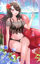 Rule 34 | + +, 1girl, arm support, bare shoulders, bikini, black bikini, black hair, blue flower, blurry, breasts, bug, butterfly, champagne flute, chang (user rpea4874), cleavage, cloud, collarbone, commentary, commission, couch, crop top, crossed legs, cup, day, depth of field, drink, drinking glass, flower, front-tie bikini top, front-tie top, hair flower, hair ornament, hair over one eye, hand up, highres, holding, holding cup, horizon, insect, long hair, looking at viewer, medium breasts, navel, ocean, off-shoulder shirt, off shoulder, original, parted lips, petals, pillow, plant, red eyes, red flower, rose, see-through, shirt, short sleeves, sitting, smile, solo, sparkle, sunlight, swimsuit, wisteria