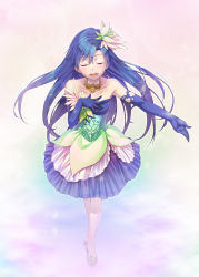 Rule 34 | 1girl, bare shoulders, blue dress, blue gloves, blue hair, dress, elbow gloves, closed eyes, flower, full body, gloves, hair flower, hair ornament, hand on own chest, highres, idolmaster, idolmaster (classic), jewelry, kisaragi chihaya, music, musical note, nanaran, necklace, open mouth, outstretched arm, singing, smile, solo, sparkle, standing, strapless, strapless dress