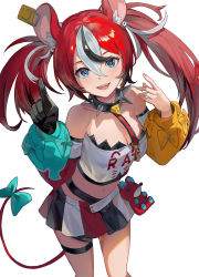 Rule 34 | 1girl, :d, animal ears, bare shoulders, black gloves, blue eyes, bow, breasts, cleavage, collar, crop top, detached sleeves, gloves, hakos baelz, hands up, highres, hololive, hololive english, index finger raised, long hair, long sleeves, looking at viewer, medium breasts, midriff, miniskirt, mouse ears, mouse girl, mouse tail, multicolored hair, navel, open mouth, pleated skirt, puffy sleeves, red hair, sharp teeth, shirt, simple background, single glove, skirt, sl86, smile, solo, stomach, strapless, strapless shirt, tail, tail bow, tail ornament, teeth, thighs, twintails, two-tone hair, virtual youtuber, white background, white shirt