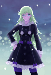 Rule 34 | 10s, 1girl, bad id, bad pixiv id, blonde hair, blue eyes, coat, coat dress, dress, fur coat, gothic lolita, hand on own hip, hip focus, hood, hoodie, lolita fashion, long hair, long sleeves, outdoors, panty &amp; stocking with garterbelt, panty (psg), pantyhose, purple pantyhose, snow, solo, striped clothes, striped pantyhose, swimmer224, winter