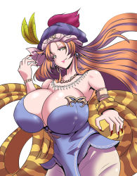 Rule 34 | 1girl, bare shoulders, breasts, cleavage, curvy, earrings, fingernails, green eyes, hat, highres, huge breasts, isabella (seiken densetsu 3), jewelry, long fingernails, long hair, nail polish, necklace, orange hair, red nails, seiken densetsu, seiken densetsu 3, solo, tagme, torii5011