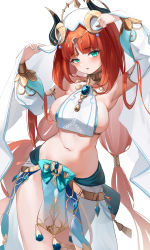 Rule 34 | 1girl, absurdres, arm up, armpits, berserker r, blunt bangs, blush, breast curtain, breasts, brooch, clothing cutout, crop top, detached sleeves, forehead jewel, genshin impact, green eyes, harem outfit, highres, horns, jewelry, long hair, looking at viewer, low twintails, navel, nilou (genshin impact), parted bangs, red hair, revealing clothes, see-through, shirt, sideboob, simple background, skirt, solo, stomach, tassel, thighs, twintails, vambraces, veil, very long hair, vision (genshin impact), white background, white headdress
