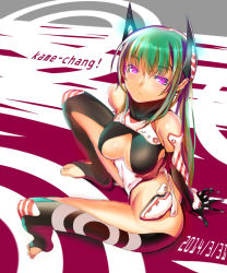 Rule 34 | 1girl, alternate costume, alternate hair color, bad id, bad pixiv id, bare shoulders, black gloves, black legwear, borrowed character, dated, elbow gloves, expressionless, from above, full body, gloves, green hair, highres, leotard, long hair, menou kaname (taishi), original, purple eyes, sabaku no tanuki, sitting, skin tight, solo, text focus, thighs, toeless legwear, toes, toned