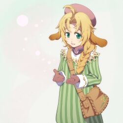 Rule 34 | 1girl, bag, blonde hair, braid, braided ponytail, commentary request, gloves, green eyes, hat, highres, kaien advance, long hair, looking at viewer, mariel (wild arms), open mouth, red hat, shoulder bag, simple background, smile, solo, wild arms, wild arms 1