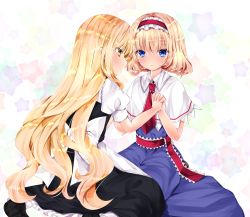 Rule 34 | 2girls, alice margatroid, bad id, bad pixiv id, black dress, blonde hair, blue dress, blue eyes, blush, capelet, closed mouth, dress, frilled dress, frilled hairband, frills, hair between eyes, hairband, holding hands, interlocked fingers, kirisame marisa, long hair, multiple girls, nanase nao, profile, puffy short sleeves, puffy sleeves, red hairband, red neckwear, shirt, short sleeves, sleeveless, sleeveless dress, star (symbol), starry background, touhou, very long hair, white capelet, white shirt, yellow eyes