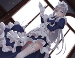 Rule 34 | 1girl, blue eyes, commentary, dress, frilled dress, frilled thighhighs, frills, garter belt, garter straps, gloves, hair ornament, hairclip, highres, indoors, long hair, looking at viewer, maid, official art, original, saruchitan, silver hair, solo, thighhighs, thighs, white thighhighs