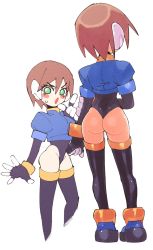 Rule 34 | 1girl, aile (mega man zx), ass, blush stickers, brown hair, cowboy shot, from behind, full body, gloves, green eyes, hand up, highres, inkerton-kun, juliet sleeves, layered sleeves, leotard, long sleeves, mega man (series), mega man zx, multiple views, narrow waist, open mouth, puffy sleeves, robot ears, short hair, thighhighs, white background