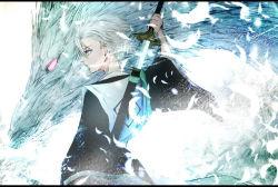 1boy bleach blue_eyes breath dragon feathers glowing glowing_eye hair_slicked_back hitsugaya_toushirou holding holding_sword holding_weapon hyourinmaru ice male_focus pink_eyes satsuki_kei scabbard sheath sword unsheathing weapon weapon_on_back white_feathers white_hair