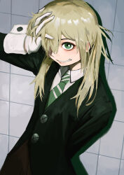 Rule 34 | 1girl, absurdres, against wall, black coat, blonde hair, clenched teeth, coat, diagonal-striped clothes, diagonal-striped necktie, gloves, green eyes, green necktie, grin, hair over one eye, hand in own hair, hand up, highres, long sleeves, looking at viewer, maka albarn, messy hair, necktie, shadow, shirt, sleeve cuffs, smile, solo, soul eater, striped clothes, teeth, tile wall, tiles, twintails, upper body, white gloves, white shirt, wing collar, xiaomai yorik