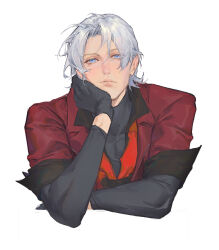 Rule 34 | 1boy, bishounen, black gloves, blue eyes, clasp, closed mouth, coat, dante (devil may cry), devil may cry (series), devil may cry 1, gloves, hair over one eye, hand on own face, highres, holding, looking at viewer, male focus, red coat, simple background, smile, solo, white hair