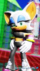 Rule 34 | 1girl, 3d, animated, blowing kiss, breasts, cleavage, hand on own hip, highres, large breasts, leaning forward, looking at viewer, midriff, navel, one eye closed, pants, rouge the bat, sega, smile, solo, sonic (series), sports bra, sportswear, tagme, video, virtuablueam2