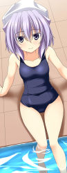 Rule 34 | 1girl, blue one-piece swimsuit, blush, breasts, commentary request, day, from above, hat, highres, letty whiterock, light purple hair, looking at viewer, looking up, old school swimsuit, one-piece swimsuit, pool, poolside, purple eyes, rappa (rappaya), school swimsuit, small breasts, smile, soaking feet, solo, swimsuit, touhou, wading, water, yuki onna