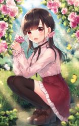 Rule 34 | 1girl, :d, animal, black hair, black ribbon, black thighhighs, blush, brown footwear, bug, butterfly, commentary request, day, flower, frilled skirt, frills, grass, hair flower, hair ornament, highres, holding, holding flower, insect, long hair, long sleeves, looking at viewer, neck ribbon, open mouth, original, outdoors, pink flower, pink rose, pink shirt, red eyes, red skirt, ribbon, rose, sato ame, shirt, shoes, signature, skirt, smile, solo, squatting, thighhighs