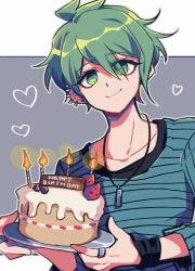 Rule 34 | 1boy, amami rantaro, antenna hair, birthday cake, bracelet, cake, candle, candlelight, closed mouth, commentary request, danganronpa (series), danganronpa v3: killing harmony, ear piercing, earrings, food, fruit, green eyes, green hair, grey background, hair between eyes, happy birthday, heart, jewelry, long sleeves, looking at viewer, male focus, necklace, piercing, plate, ring, sasakama (sasagaki01), shirt, short hair, smile, solo, strawberry, striped clothes, striped shirt, upper body