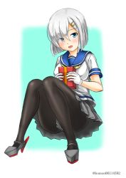 Rule 34 | 1girl, aqua background, black pantyhose, blue eyes, blush, box, breasts, chocolate, eyes visible through hair, gift, gift box, gloves, hair ornament, hair over one eye, hairclip, hamakaze (kancolle), happy valentine, high heels, holding, holding box, holding gift, kantai collection, kudou (ooabareteng), large breasts, looking at viewer, neckerchief, open mouth, pantyhose, pleated skirt, school uniform, serafuku, short hair, short sleeves, sitting, skirt, smile, solo, twitter username, valentine, white background, white gloves, white hair, yellow neckerchief