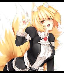 Rule 34 | 1girl, alternate costume, animal ears, ascot, belt, blonde hair, breasts, eyebrows, female focus, fingernails, flower, fox ears, fox shadow puppet, fox tail, frills, large breasts, letterboxed, long sleeves, multiple tails, nanairo neru, open mouth, puffy sleeves, rose, short hair, simple background, solo, tail, touhou, white background, yakumo ran, yellow eyes