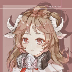 Rule 34 | 1girl, ahoge, animal ears, arknights, brown background, brown eyes, brown hair, c309657344, closed mouth, commentary request, copyright name, eyjafjalla (arknights), headphones, headphones around neck, horns, long hair, looking at viewer, portrait, sheep ears, sheep girl, sheep horns, shirt, solo, white shirt
