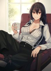 Rule 34 | 1girl, alternate costume, black footwear, black hair, black pants, boots, breasts, brown eyes, buttons, cleavage, closed mouth, collarbone, collared shirt, cup, hair between eyes, high heel boots, high heels, highres, holding, holding cup, kantai collection, kasumi (skchkko), long hair, long sleeves, looking at viewer, nagato (kancolle), pants, shirt, sitting, smile, solo, white shirt, window