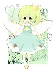 Rule 34 | 1girl, daiyousei, fairy wings, green eyes, green hair, heart, highres, long hair, mary janes, mike (mikeneko), open mouth, ribbon, shoes, side ponytail, smile, touhou, wings