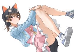 Rule 34 | 1girl, animal ears, belt, blue jacket, brown eyes, choker, commentary, cropped jacket, extra ears, frown, hair between eyes, hair ornament, hairclip, hands on own knees, highres, jacket, kemono friends, long sleeves, looking at viewer, medium hair, open clothes, open jacket, pink choker, shoes, simple background, sneakers, solo, tail, tanabe (fueisei), tasmanian devil (kemono friends), tasmanian devil ears, tasmanian devil tail, white background