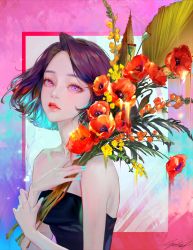 Rule 34 | 1girl, absurdres, bare shoulders, black shirt, blouse, blue hair, blue nails, breasts, collarbone, colored inner hair, commentary, english commentary, flower, highres, holding, holding flower, leaf, lizchief, multicolored hair, nail polish, orange flower, original, parted lips, purple eyes, shirt, short hair, small breasts, solo, strapless, strapless shirt
