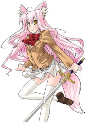 Rule 34 | 1girl, animal ears, bow, character request, long hair, looking at viewer, pink hair, school uniform, simple background, skirt, solo, standing, standing on one leg, sword, tail, tama hime, thighhighs, tsurugi yasuyuki, very long hair, weapon, white thighhighs, yellow eyes