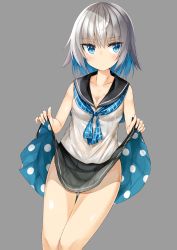 Rule 34 | 1girl, black skirt, blouse, blue eyes, blue hair, blue neckerchief, blush, breasts, cleavage, closed mouth, collarbone, colored inner hair, grey background, grey hair, hands up, kavka, lifted by self, looking at viewer, medium breasts, multicolored hair, neckerchief, no panties, original, plaid neckerchief, shirt, short hair, simple background, skirt, sleeveless, sleeveless shirt, solo, thighs, two-sided fabric, two-sided skirt, two-tone hair