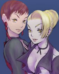Rule 34 | 2girls, blonde hair, blue background, breasts, choker, cleavage, earrings, eyebrows, eyelashes, fringe trim, hair bun, hair over one eye, highres, jewelry, kagetomo seiko, large breasts, lips, looking at viewer, mature (kof), multiple girls, nose, pixie cut, red hair, short hair, single hair bun, slit pupils, tan, the king of fighters, upper body, very short hair, vice (kof), yellow eyes
