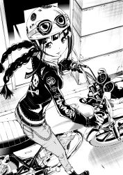 Rule 34 | 1girl, absurdres, belt, boots, braid, chain, clothes writing, door, from above, fukushima masayasu, gloves, greyscale, helmet, highres, holding, long hair, long sleeves, masayasuf, monochrome, motor vehicle, motorcycle, motorcycle helmet, original, pants, scarf, sidelocks, sitting, skull and crossbones, smile, solo, twin braids, twintails, vehicle, yamaha